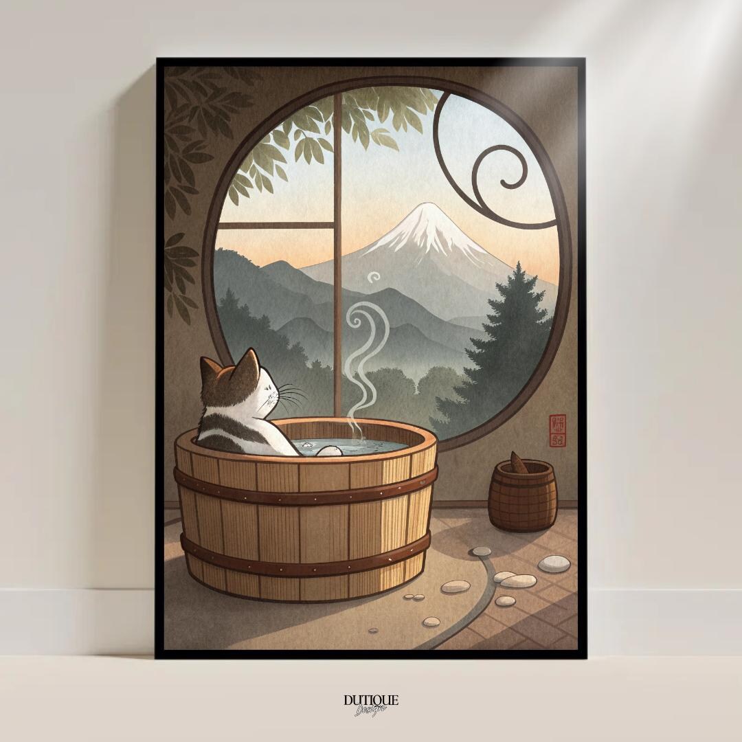 Japanese Cat Onsen Poster Wall Art Kawaii Bathtub Vintage Aesthetic ...