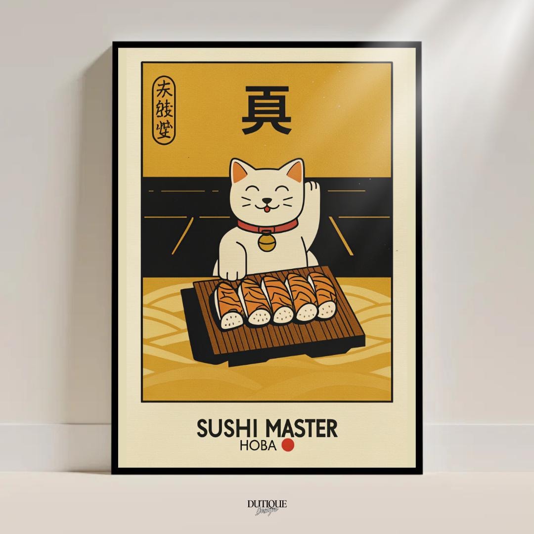 Maneki Neko Sushi Master Art Print Japanese Lucky Cat Wall Decor Retro ...