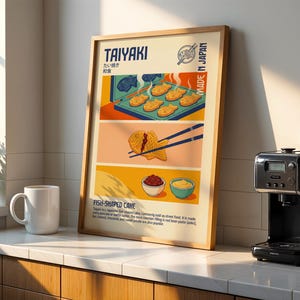 Könnte beinhalten: Ein gerahmter Druck mit einer farbenfrohen Illustration von Taiyaki, einem japanischen Kuchen in Fischform. Der Druck zeigt das Wort "TAIYAKI" sowie Bilder von der Herstellung und dem Servieren des Kuchens. Die Worte "MADE IN JAPAN" sind ebenfalls zu sehen.