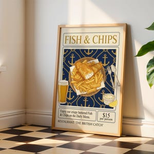 Fish and Chips Poster Print British Food Art Retro Kitchen Decor Pub Wall Art Nautical Coastal Theme Vintage Style Restaurant Menu Sign