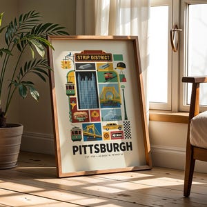 Op de afbeelding: Een ingelijste poster met een kleurrijke grafische illustratie van bezienswaardigheden in Pittsburgh, waaronder het Strip District, gele bruggen, een tram en een taxi, met de tekst Pittsburgh, Est. 1758 en coördinaten onderaan.