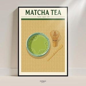 Può includere: Una stampa incorniciata con tè matcha. L'immagine mostra una ciotola di tè matcha verde, un frullino di bambù e un cucchiaio di legno su uno sfondo beige a griglia. Il testo "Matcha Tea" è in alto, con "Kyoto Japan 1191" sotto.