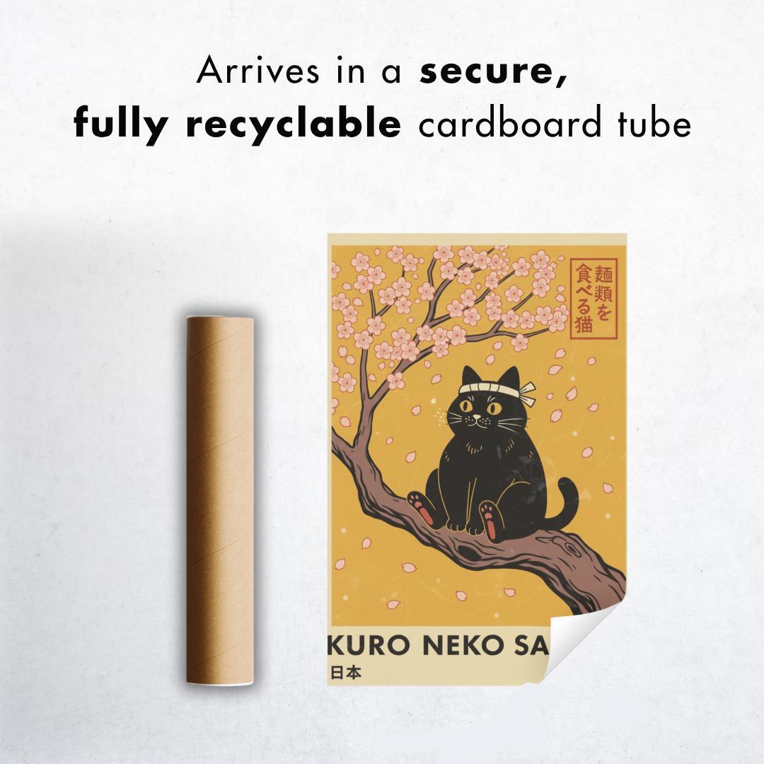 Kuro Neko Print, Anime Cat Poster, Japanese Wall Art Decor, Sakura