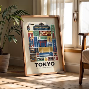 Op de afbeelding: Een ingelijste kunstprint met een kleurrijke collage van de bezienswaardigheden en culturele iconen van Tokio. De print bevat de tekst "TOKYO" in vette letters, samen met de coördinaten van de stad. Het kunstwerk staat op een houten vloer, naast een potplant.