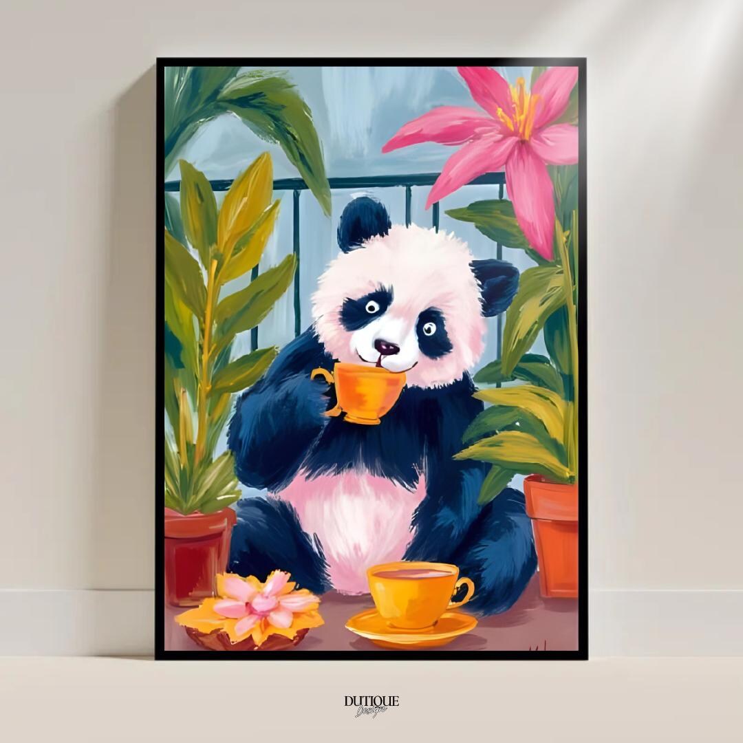 Cute Panda Animal Poster Wall Art Balcony Jungle Tea Drinking Bear ...