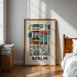 May include: A framed Berlin travel poster with a beige background and colorful illustrations of landmarks and icons. The poster includes the word "BERLIN" in large letters, along with coordinates. The frame is a light brown color.