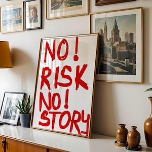 Ingen risk, ingen berättelse, väggkonst, motivationscitat, poster, kanvastryck, röd text, inspirerande, hemmagymdekor, present, graffitistil, penseldrag