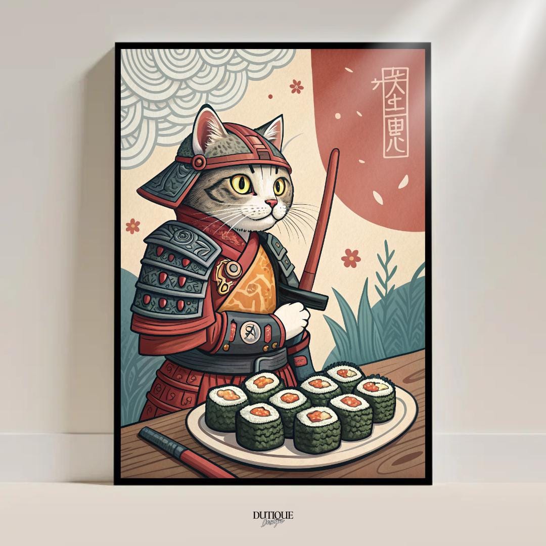 Samurai Cat Sushi Poster Japanese Neko Warrior Art Printable Wall Art ...