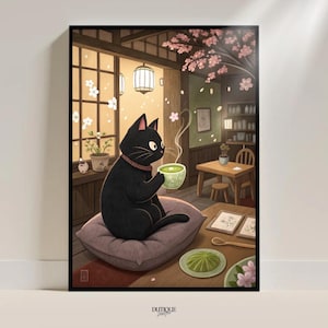 Schwarze Katze Matcha Tee Japanische Ästhetik Sakura Kirschblüte Ghibli Stil Druck
