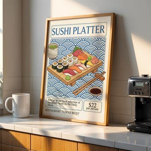 May include: A framed poster with the words "SUSHI PLATTER" at the top. The poster features an illustration of a sushi platter with various sushi rolls, sashimi, and condiments. The text "RESTAURANT 'TOKYO BITES'" is at the bottom.