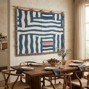 Couverture tapisserie géométrique abstraite bleu crème, jeté tissé bohème moderne tapisserie murale décoration d'intérieur cadeau