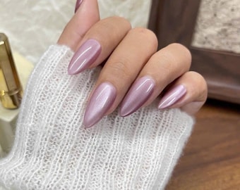 Pink Cat Eye Press On Nails Long Almond Shape Shiny Pearl Fake Nails Reusable Elegant Glossy Nail Set for Women Gift Manicure Kit