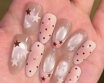 Coquette Pink Pastel Press on Nails with Silver Cat Eye Star Art, Cute Brown Polka Dots Fake Nails Trendy Y2K Almond Manicure | Gift for Her