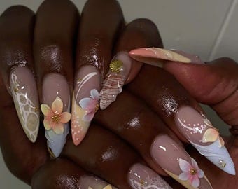 高級サマービーチネイルセット、ユニークな花柄プレスオンネイル、3D