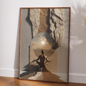 Arte mural de meditación "Sendero de la quietud", impresión minimalista de yoga en tonos tierra, póster digital espiritual zen, descarga de obra de arte para la paz interior