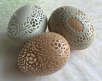 Hand Carved Victorian Lace Bantam Chicken Egg Trio: Sage and Brown