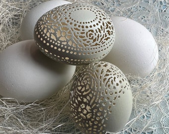 Hand Carved Victorian Lace Bantam Chicken Egg Pair - Pale Sage