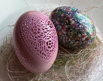 Hand Carved Victorian Lace Duck Egg - Heart  Design + Marbled Egg