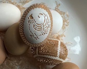 Carved and Etched Victorian Lace Chicken Egg Pair