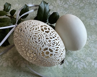 Hanging Victorian Lace Goose Egg: Hand Carved Full Floral Pattern For Your Holiday Tree