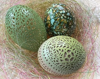 Lace Egg Trio of Carved and Marbled Eggs in Shades of Green