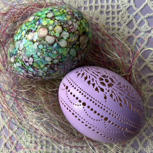 Pretty Egg Pair For Your Basket: Victorian Lace Duck Egg and Magic Marbled Duck Egg