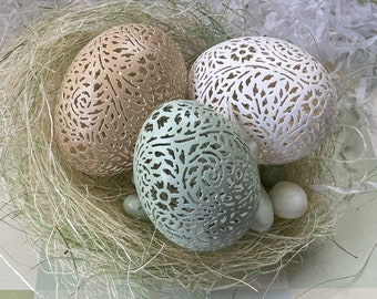 A Trio of Hand-Carved Victorian Lace Chicken Eggs - White, Brown, and Green