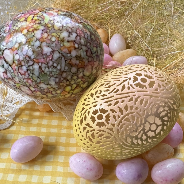 Pretty Egg Pair For Your Basket: Victorian Lace Duck Egg and Magic Marbled Duck Egg