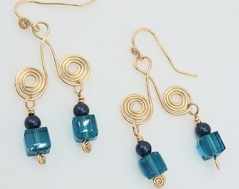 Blue Crystal Double Spiral Gold Filled Wire Wrapped Earrings