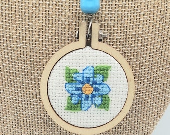 Blue Flower Cross Stitch Pendant Necklace