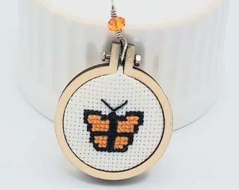 Orange Butterfly Cross Stitch Pendant Necklace with Orange Crystal