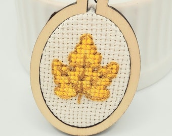 Yellow Leaf Cross Stitch Pendant Necklace with Topaz Crystal