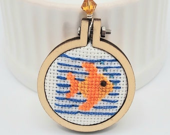 Orange Fish Cross Stitch Pendant Necklace with Orange Crystal