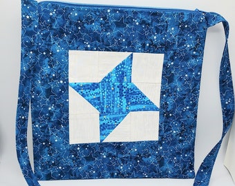 Blue Friendship Star Quilt Zipper Purse Tote Bag Crossbody Bag