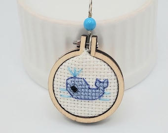 Blue Whale Cross Stitch Pendant Necklace with Turquoise Pearl