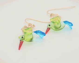 Lampwork Glass Bird Gold Filled Wire Wrapped Drop Earrings