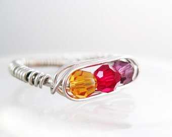 Custom Mother Birthstone Wire Wrapped Argentium Silver Ring with Swarovski Crystals