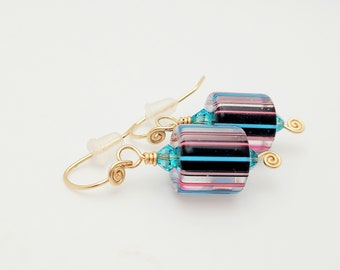 Black Cane Glass with Pink and Blue Stripes Gold Wire Wrapped Earrings (with Aquamarine Crystal Bicones)