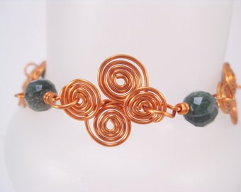 Copper Wire Spiral Bracelet with Moss Agate Gemstones