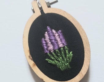 Purple Lavender Flower Embroidery  Pendant Necklace
