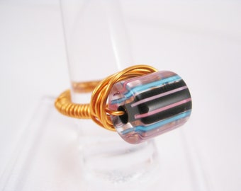 Blue/Black/Pink Cane Glass Copper Wire Wrapped Ring