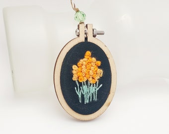 Orange Flower Embroidery Pendant Necklace with Orange Crystal