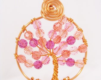 Copper Wire Wrapped Pink Swarovski Crystal Spring Tree of Life Pendant