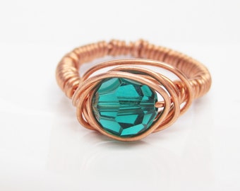 Custom Birthstone Wire Wrapped Copper Wire Ring with Swarovski Crystal Round