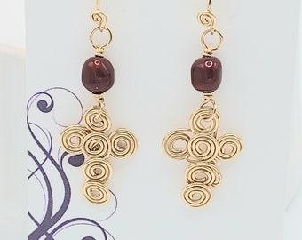 Gold Filled Spiral Cross Wire Wrapped Earrings with Dark Red Pearls