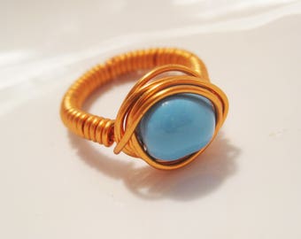 Copper Wire Wrapped Ring with Turquoise Baroque Swarovski Crystal Pearl