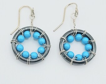 Hematite Hoop Wire Wrapped Earrings with Turquoise Crystal Pearls