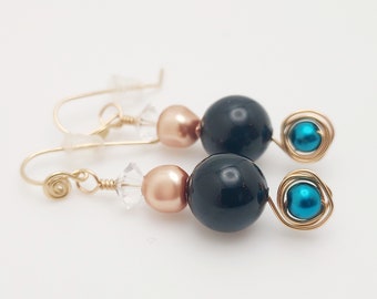 Black Crystal Pearl Swirl Gold Filled Wire Wrapped Earrings with Crystal Pearls