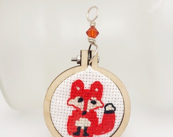 Red Fox Cross Stitch Pendant Necklace with Red Crystal