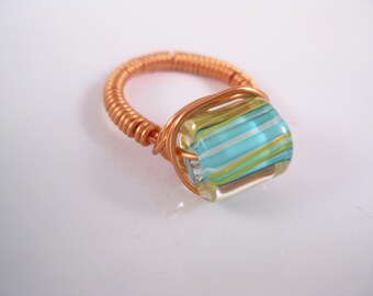 Aqua/Yellow Cane Glass Copper Wire Wrapped Ring